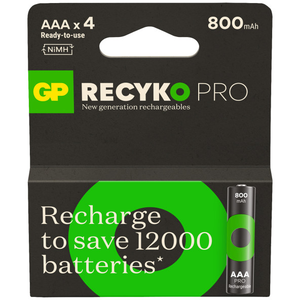 GP Batteries ReCyko Pro AAA 800 mAh İnce Ni-Mh Şarjlı Pil 1.2 Volt 4Lü Kart ürün görseli 1