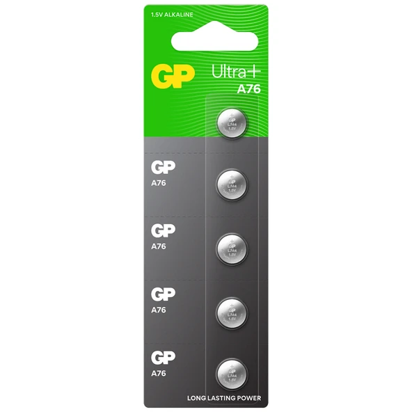 GP Batteries A76 Ultra Plus LR44/A76/V13GA/AG13 Boy Alkalin Düğme Pil, 1.5 Volt, 5'li Kart ürün görseli 1