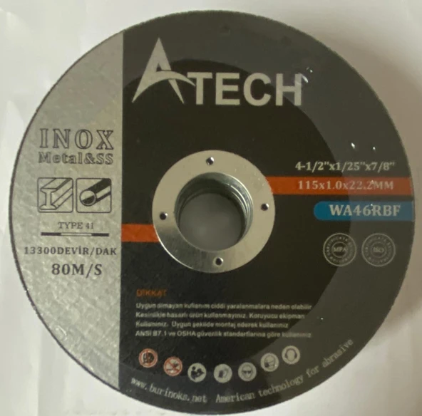 A TECH İNOX KESİCİ DİSK TAŞ 115X1.0X22.2mm 25 ADET ürün görseli 1