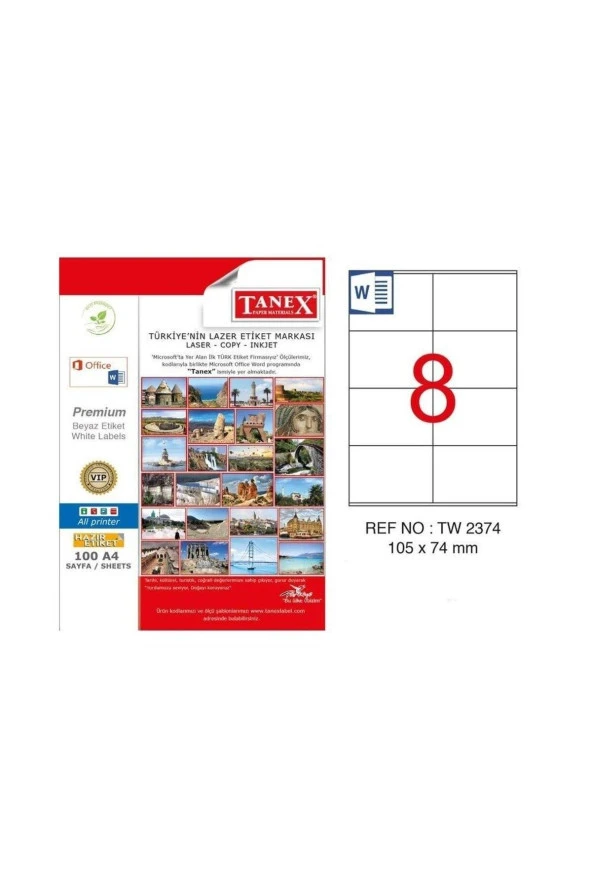 Tanex Lazer Etiket 100 Yaprak 105 x 74.25 Mm Lazer Yazıcı Etiketi ürün görseli 1