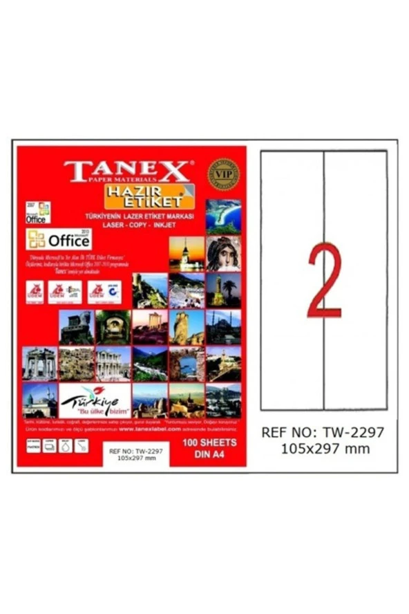Tanex Lazer Etiket 100 Yaprak 105 x 297 Mm Lazer Yazıcı Etiketi ürün görseli 1