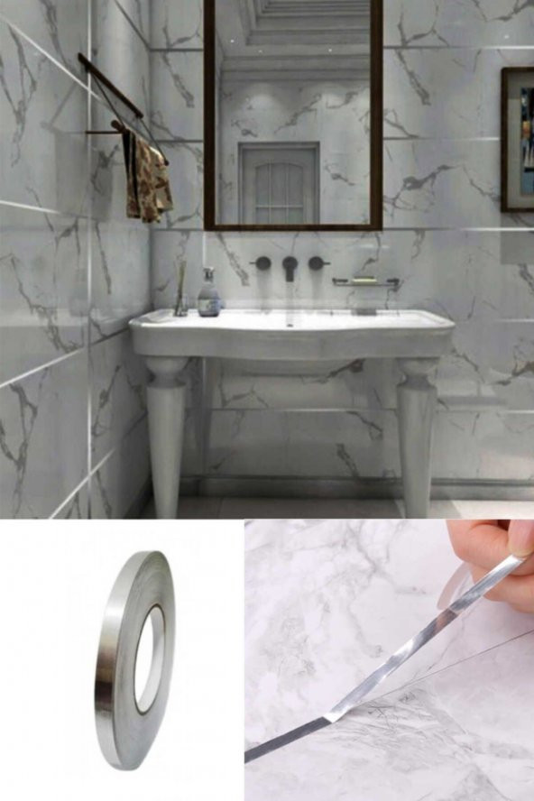 5 Mm- 50 Metre Tuvalet Mutfak Banyo Fayans Mermer Arası Şerit Bant Gümüş Banyo Mutfak Bant ürün görseli 1