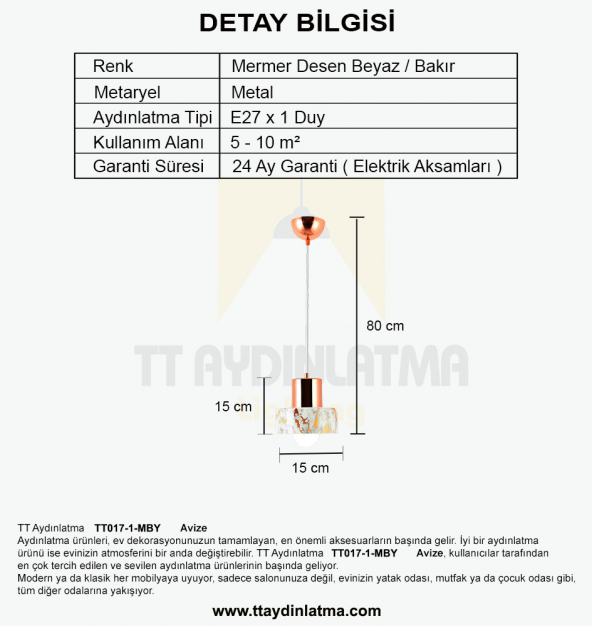 TT Aydınlatma TT017-1-MBY  Mermer Desen Tekli Beyaz Avize ürün görseli 1