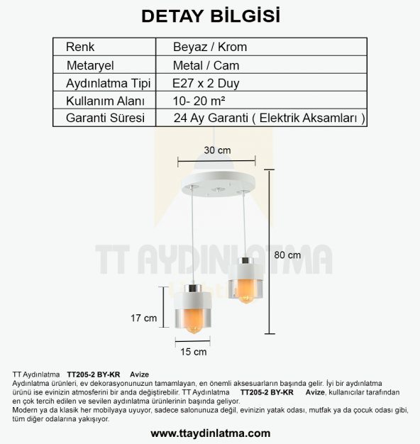 TT Aydınlatma TT205-2-BY  Beyaz - Krom 2 li Avize - Resim 3
