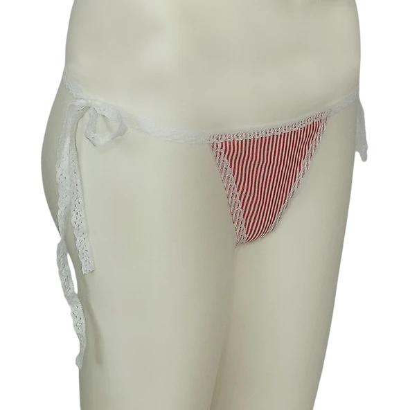 ASM0292 Bayan Kırmızı  Ekoseli Trnak Dantelli String - Resim 2