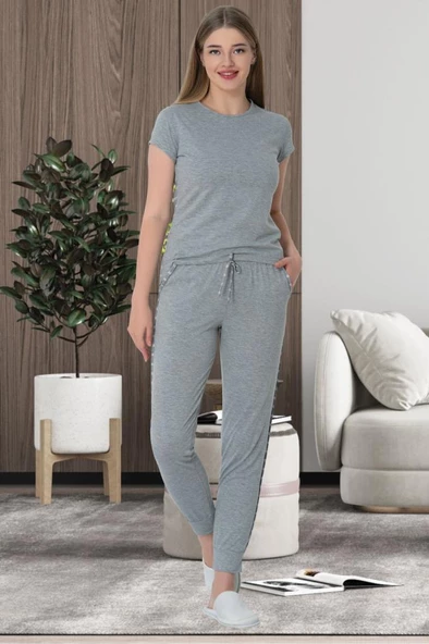 Mecit 5624 Ekru Çizgili Gri Kadın Spor Pijama Takımı ürün görseli 1