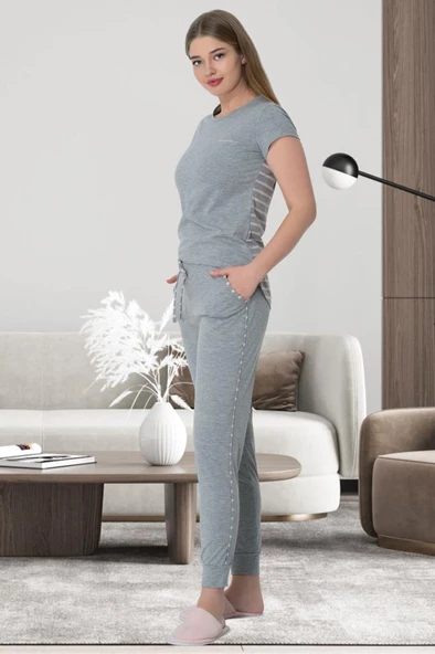 Mecit 5624 Pembe Çizgili Gri Kadın Pijama Takımı ürün görseli 1