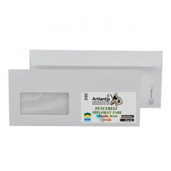 Diplomat Zarf Pencereli 10.5x24 Cm Beyaz 90 Gr Silikonlu 250li 1 Paket Artlantis 105*240 Mm Para Zarfı Beyaz 250 li 1 Paket ürün görseli 1
