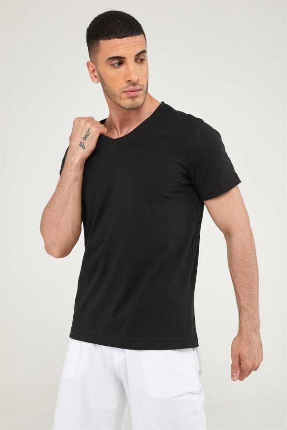 V Yaka Erkek Basic Tshirt-SİYAH - Resim 3
