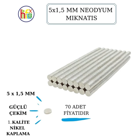 NEODYUM MIKNATIS NİKEL KAPLAMA 5MM X1,5 MM  70 ADET FİYATIDIR ürün görseli 1