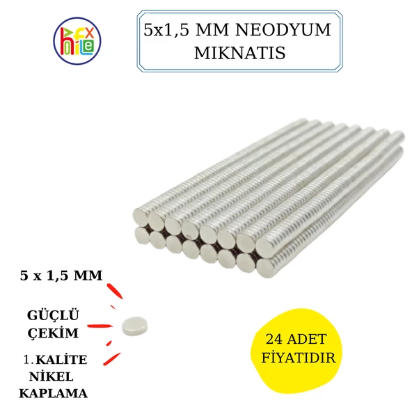 NEODYUM MIKNATIS NİKEL KAPLAMA 5 MM X1,5 MM  24 ADET FİYATIDIR ürün görseli 1