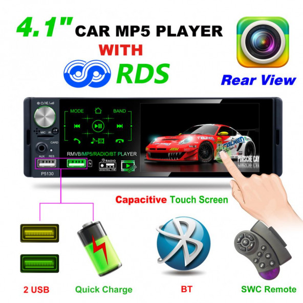 4.1inç 1DIN Oto Radyo Teyp P5130 model çift usb ve full HD 1080P Full Aktif Dokunmatik Ekran MP5 Çalar ürün görseli 1