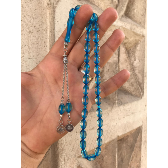 Sürmeli Buz Mavisi Toz Kehribar Tesbih ürün görseli 1