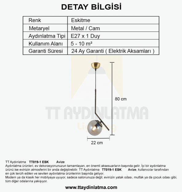 TT Aydınlatma TT019-1 ESK  Eskitme Tekli Dirsek Kol Avize - Resim 3
