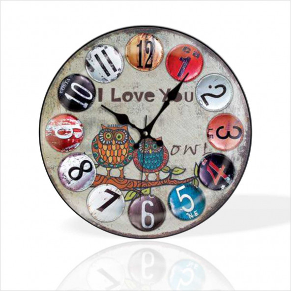 Büyük 35cm Renkli Baykuş I Love You Yazan Desenli Sessiz Saniye Bombe Camlı Ev Ofis Okul Duvar Saati ürün görseli 1