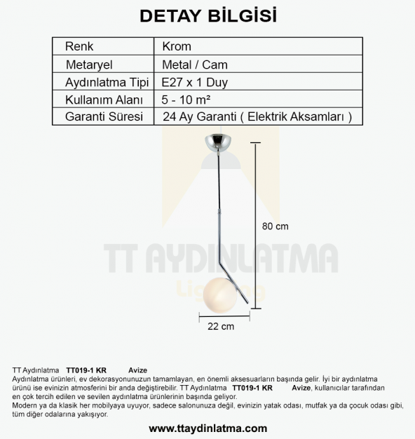 TT Aydınlatma TT019-1 KR  Krom Tekli Dirsek Kol Avize - Resim 3