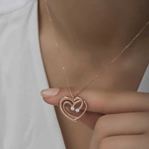 Gümüş Rose Birleşmiş Kalpler Kadın Kolye - Resim 5