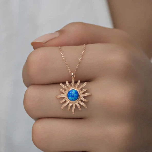 ​Gümüş Rose Mavi Opal Taşlı Güneş Kadın Kolye ürün görseli 1