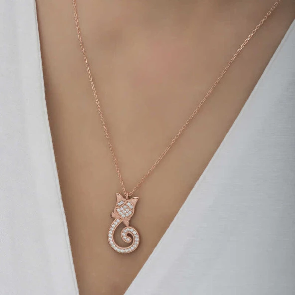 Gümüş Rose Kedi Kadın Kolye - Resim 3