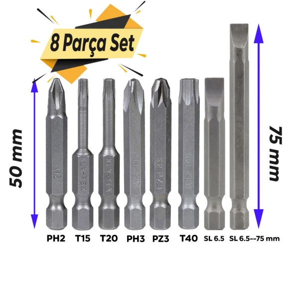 Klytek Matkap Bits Uç Vidalama Ucu Düz Yıldız Torx Uç (8 PARÇA) - Resim 3