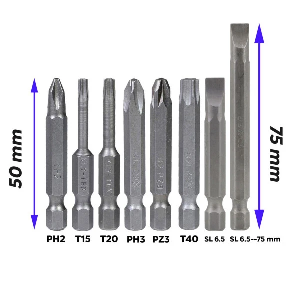 Klytek Matkap Bits Uç Vidalama Ucu Düz Yıldız Torx Uç (8 PARÇA) - Resim 4