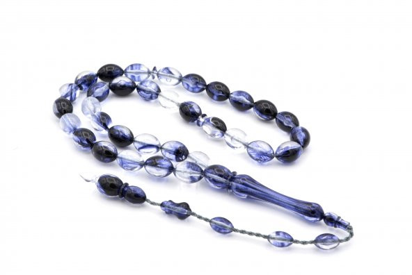 HAKİKİ USTA İŞİ ARPA KESİM ŞEFFAF LACİVERT UÇAK CAMI TESBİH İRİ BOY ürün görseli 1