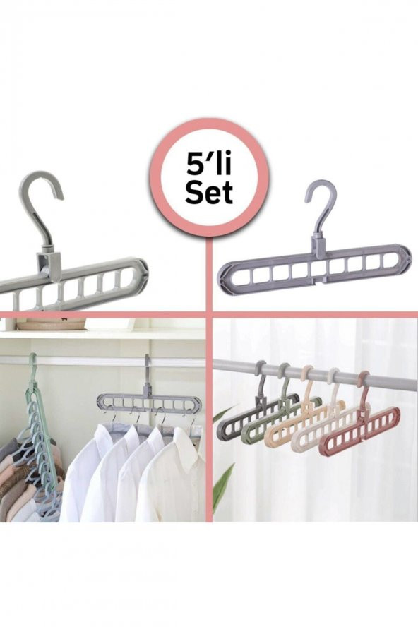 Renkli 9 Bölmeli Katlanır Pratik Sihirli Elbise Askısı 5Li Set (5 Adet) ürün görseli 1