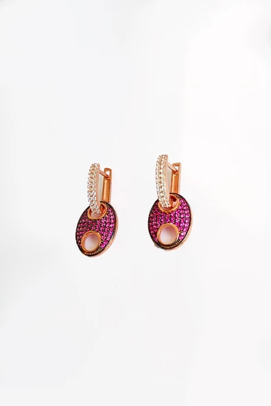 Pembe Taşlı Düğme Gümüş Küpe - Resim 3