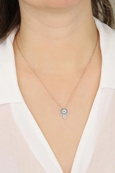Turkuaz ve Beyaz Taşlı Hamsa Gümüş Kolye ürün görseli 1