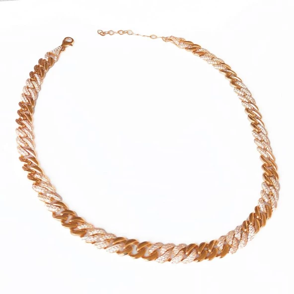Kalın Gurmet Zincir Yarısı Taşlı Yarısı Taşsız Gümüş Choker Kolye ürün görseli 1