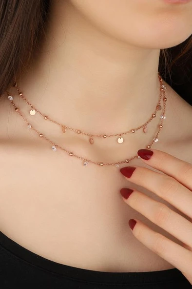 Sarkık Pullu Taşlı 2’li Gümüş Choker Kolye - Resim 5