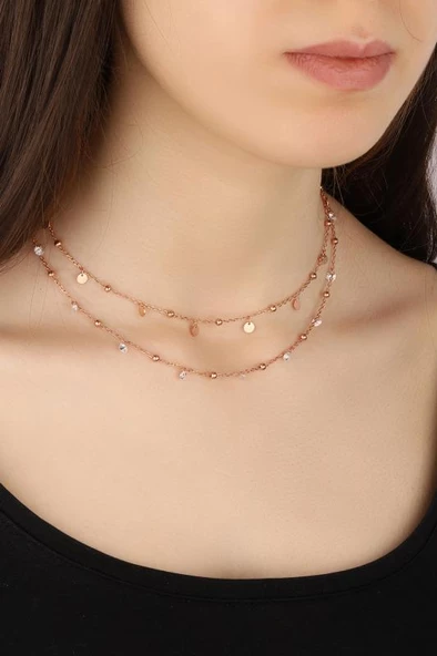 Sarkık Pullu Taşlı 2’li Gümüş Choker Kolye ürün görseli 1