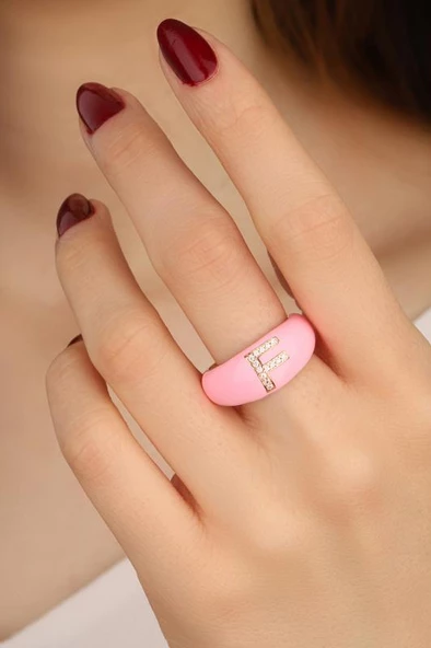 Açık Pembe Mineli Gümüş Harf Yüzük ürün görseli 1