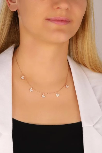 Sallantılı Beyaz Taşlı 5 Kelebek Gümüş Kolye ürün görseli 1