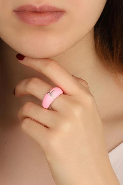 Açık Pembe Mineli Gümüş Harf Yüzük - Resim 5