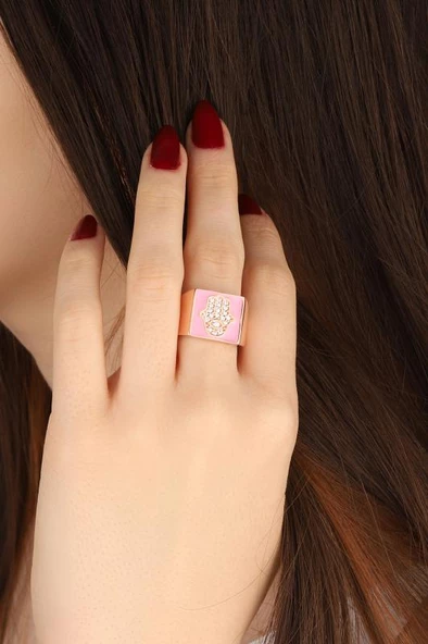 Pembe Mineli Fatma Ana Eli Gümüş Kare Yüzük ürün görseli 1