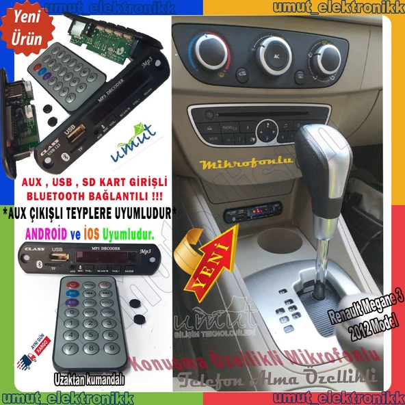 Renault Megane 3 Bluetoothlu Oto Teyp Usbsd Çevirici Aux Kumandalı 12 Volt ürün görseli 1