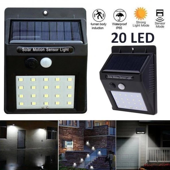 Hareket Sensörlü 20 Ledli Güneş Enerjili Solar Duvar Kapı Kamp Bahçe Lambası Fotoselli Projektör ürün görseli 1