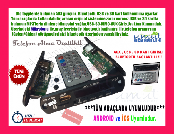 12V AUX DÖNÜŞTÜRÜCÜ ÇEVİRİCİ MODÜL USB AUX SD CARD BLUETOOTH OTO TEYP ÇEVİRİCİ 12 VOLT İLE ÇALIŞIR ürün görseli 1