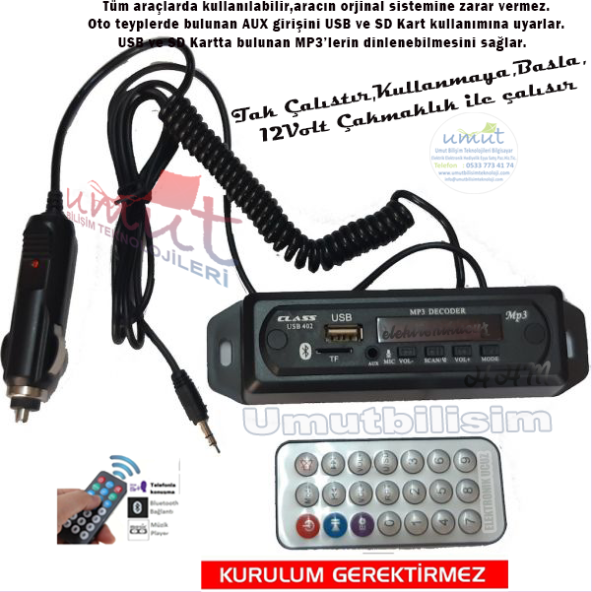 OTO ARABA TEYP MİKROFONLU BLUETOOTHLU MP3 ÇEVİRİCİ CLASS USB 402 ürün görseli 1