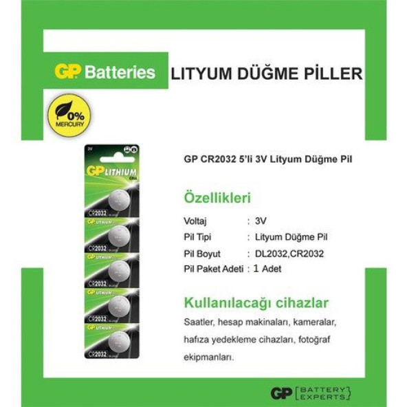5 ADET GP 2032 Lithium CELL battery 3V CR2032 DL2032 3 VOLT GARAJ KEPENK KUMANDA PİLİ ürün görseli 1