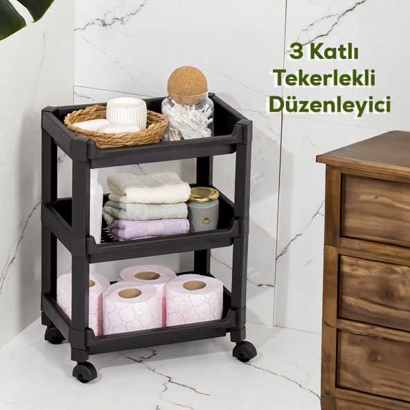 Porsima RAFTY-73-ECO-1 Tekerlekli 4 Katlı Düzenleyici - 35,5 x 22 x 48 cm Hareketli Geniş Raf - Siyah ürün görseli 1
