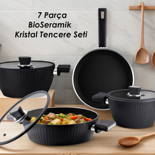 Lines L-5090 İndüksiyon Taban BioSeramik Kristal 7 Parça Tencere Seti - Siyah ürün görseli 1