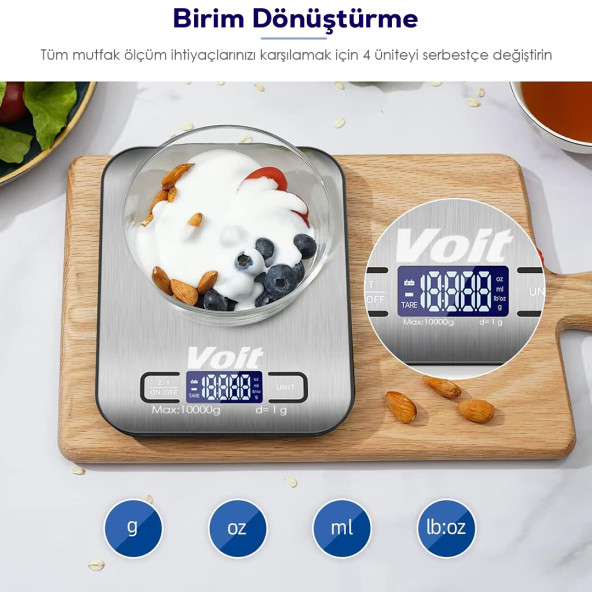 Voit Sc20 Hassas Mutfak Terazisi-Lcd Ekranlı Dijital Tartı-Paslanmaz Çelik Mutfak Ölçüm Tartısı 5Kg & 1G ürün görseli 1