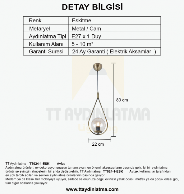 TT Aydınlatma TT024-1-ESK  Eskitme Tekli Avize - Resim 3