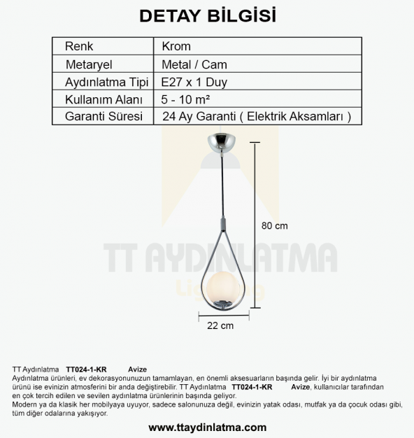 TT Aydınlatma TT024-1-KR  Krom Tekli Avize - Resim 3