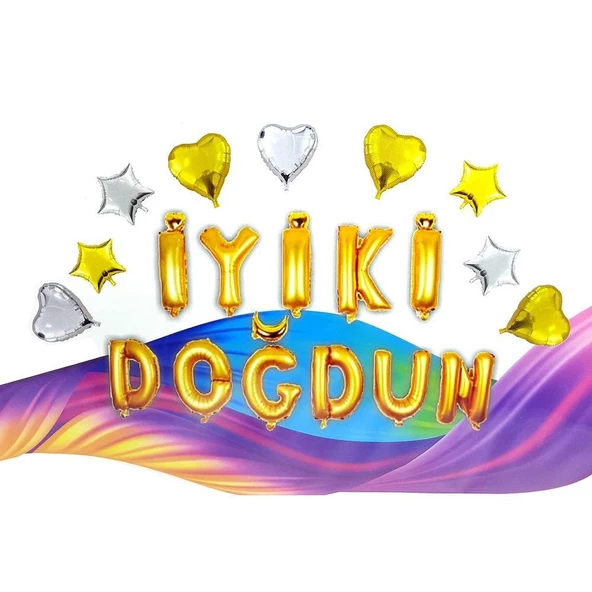 Helyuma Uyumlu İyiki Doğdun Folyo Balon Seti Kalpli ve Yıldızlı İyiki Doğdun Helyum Balonu Seti Gold Altın ürün görseli 1