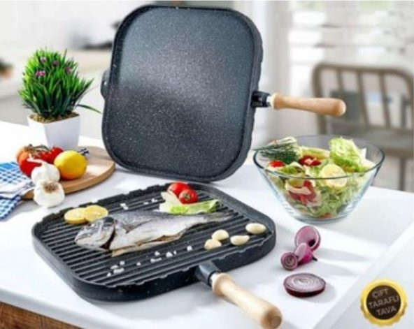 Eda Döküm Kare Çift Taraflı Izgara ve Gözleme Tavası 34 cm ürün görseli 1