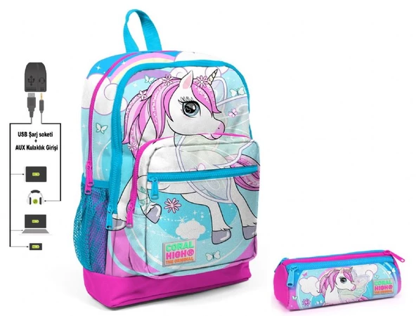 Coral High Mavi Unicorn Baskılı İlkokul Sırt Çantası ve Kalemlik Seti - Kız Çocuk - USB Soketli ürün görseli 1