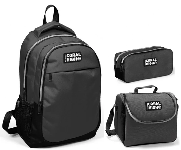 Coral High Gri Siyah Erkek Çocuk İlkokul Çanta Seti - Sırt Çantası+Beslenme+Kalemlik ürün görseli 1